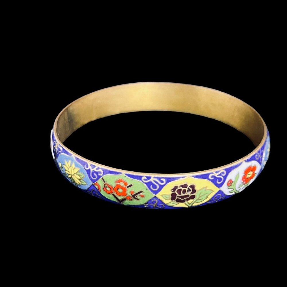 Vintage Gold Tone Cloisonne Floral Bangle Bracelet (5350)